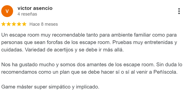 reseña de 5 estrellas de jugador del escape room